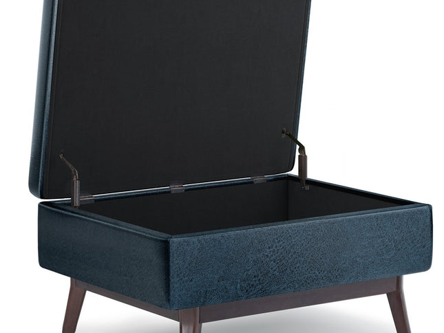 34" Blue and Brown Leather Cocktail Ottoman With Storage