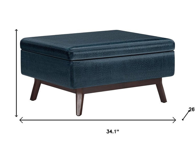 34" Blue and Brown Leather Cocktail Ottoman With Storage