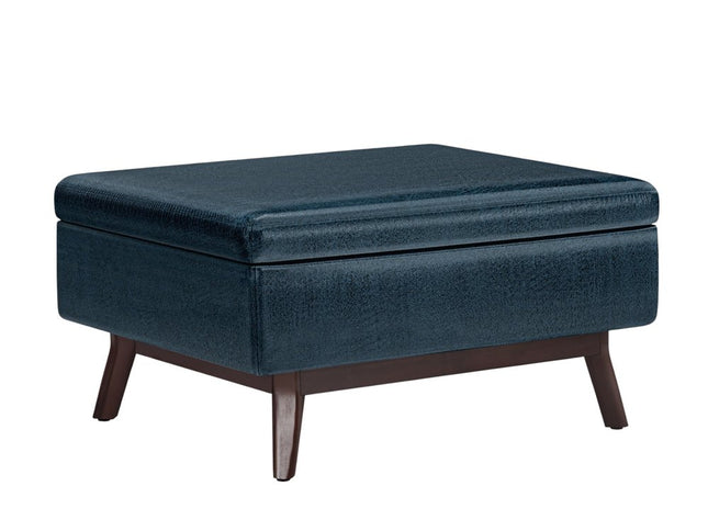 34" Blue and Brown Leather Cocktail Ottoman With Storage