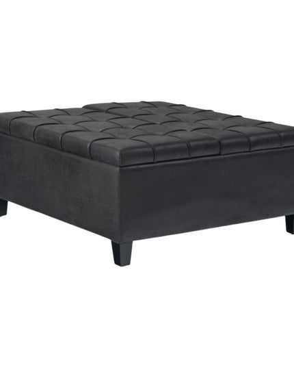 36" Black and Espresso Leather Cocktail Ottoman With Storage