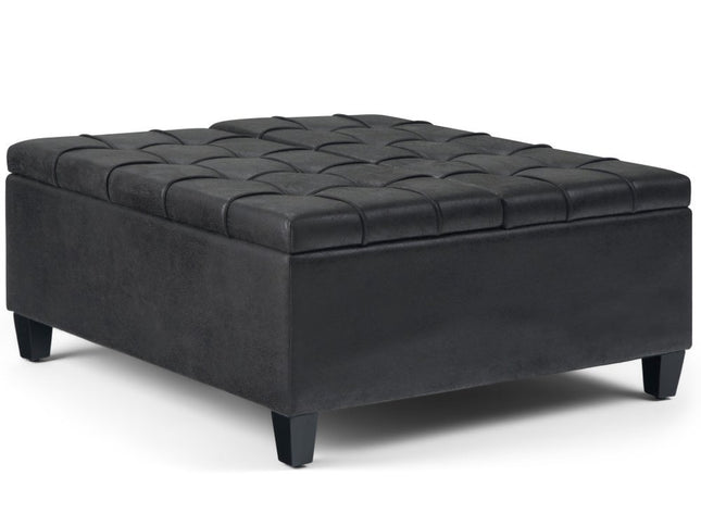 36" Black and Espresso Leather Cocktail Ottoman With Storage