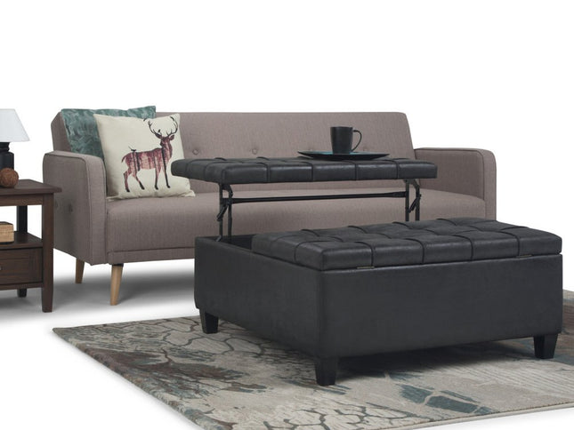 36" Black and Espresso Leather Cocktail Ottoman With Storage