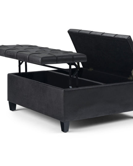36" Black and Espresso Leather Cocktail Ottoman With Storage