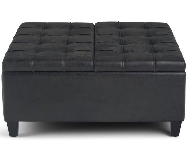 36" Black and Espresso Leather Cocktail Ottoman With Storage