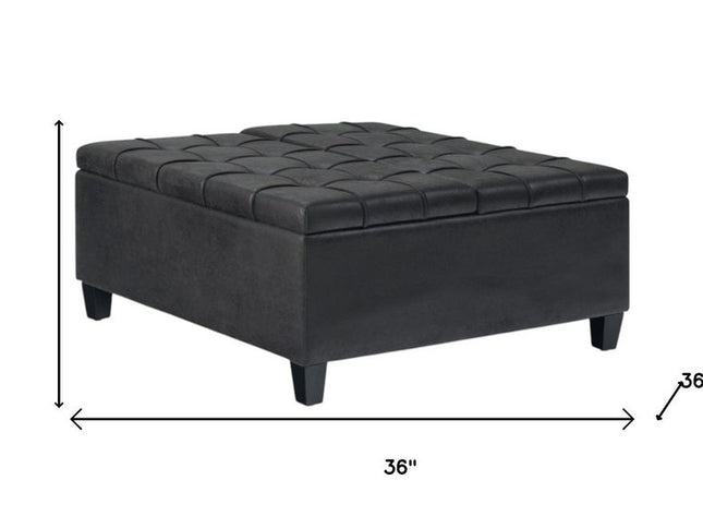 36" Black and Espresso Leather Cocktail Ottoman With Storage