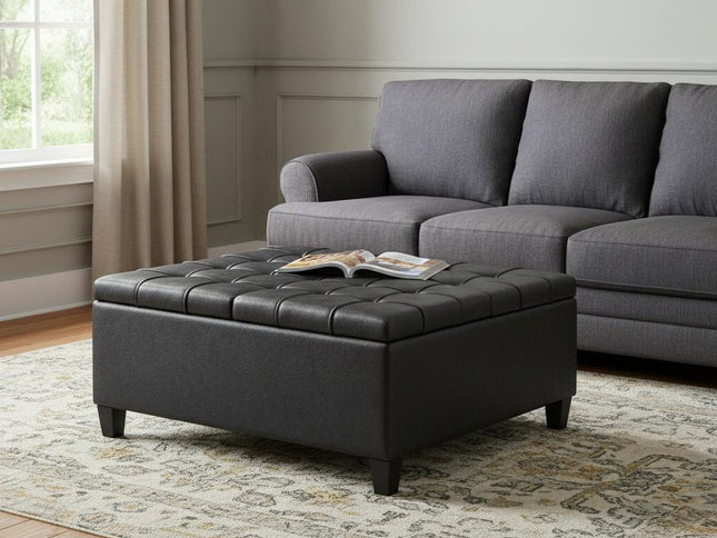 36" Black and Espresso Leather Cocktail Ottoman With Storage