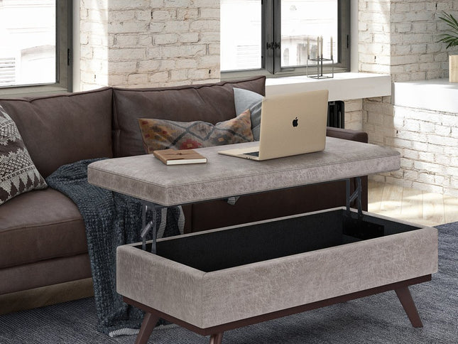 42" Gray and Brown Leather Cocktail Ottoman With Storage