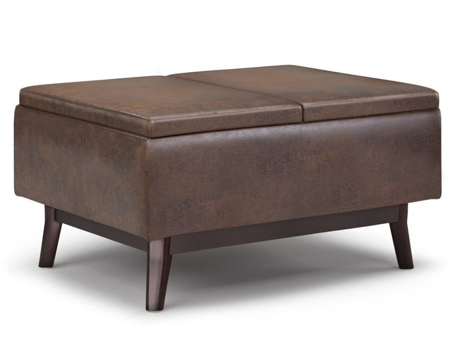 34" Brown Leather Cocktail Ottoman With Storage