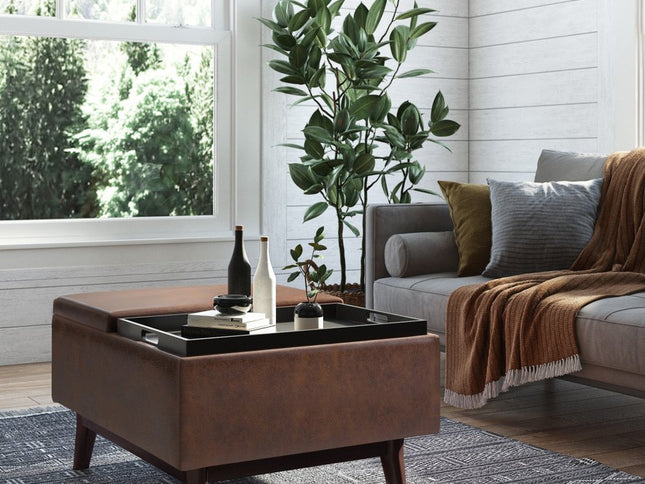 34" Brown Leather Cocktail Ottoman With Storage