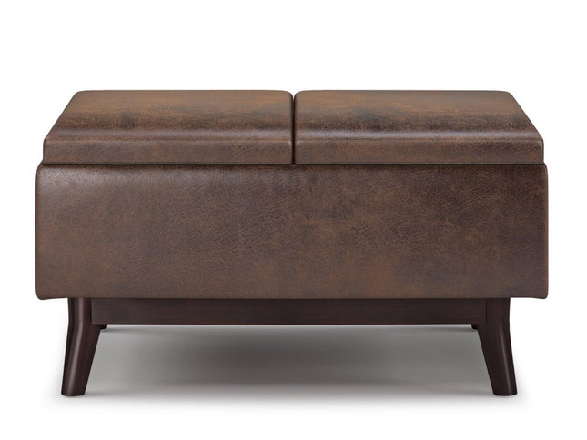 34" Brown Leather Cocktail Ottoman With Storage
