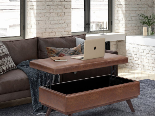 42" Brown Leather Cocktail Ottoman With Storage