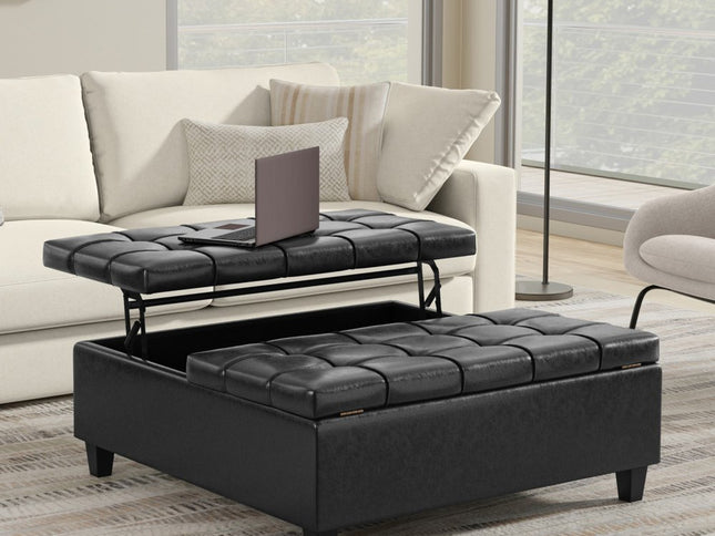 40" Black Leather Cocktail Ottoman With Storage