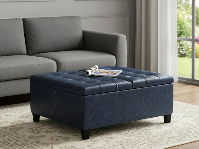 36" Blue and Espresso Leather Cocktail Ottoman With Storage