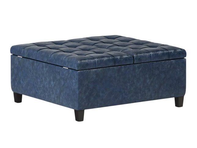 36" Blue and Espresso Leather Cocktail Ottoman With Storage