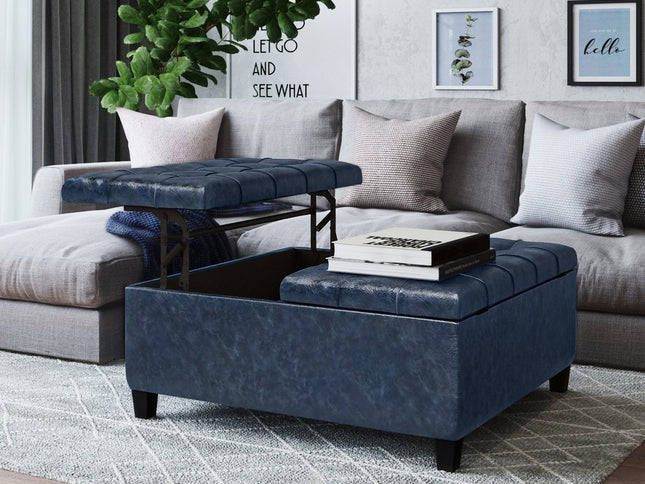 36" Blue and Espresso Leather Cocktail Ottoman With Storage