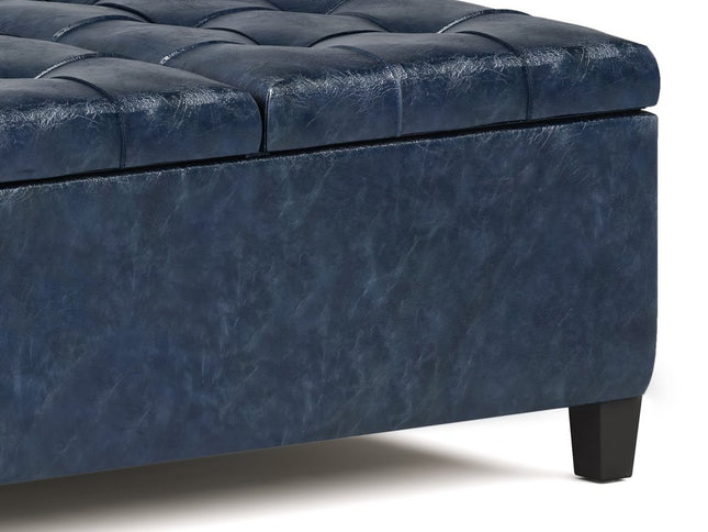 36" Blue and Espresso Leather Cocktail Ottoman With Storage