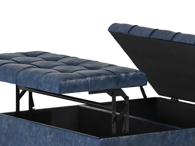 36" Blue and Espresso Leather Cocktail Ottoman With Storage