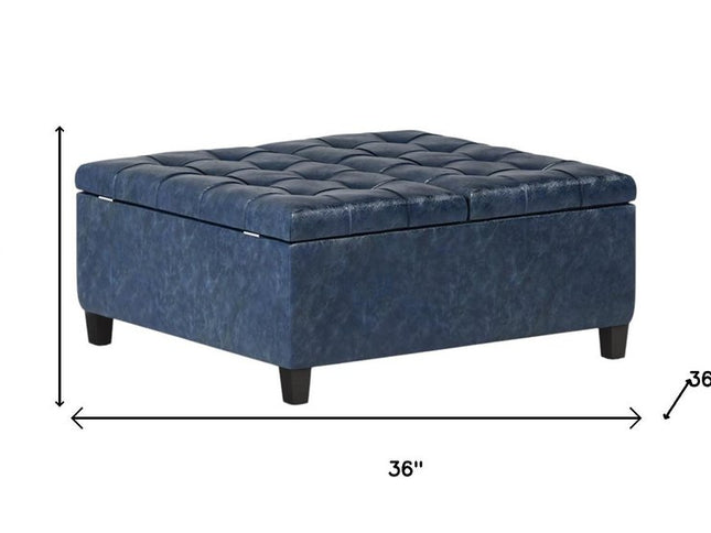 36" Blue and Espresso Leather Cocktail Ottoman With Storage