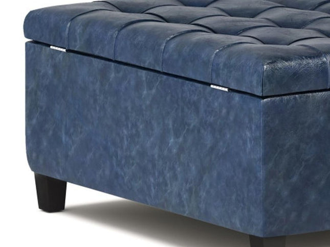 36" Blue and Espresso Leather Cocktail Ottoman With Storage