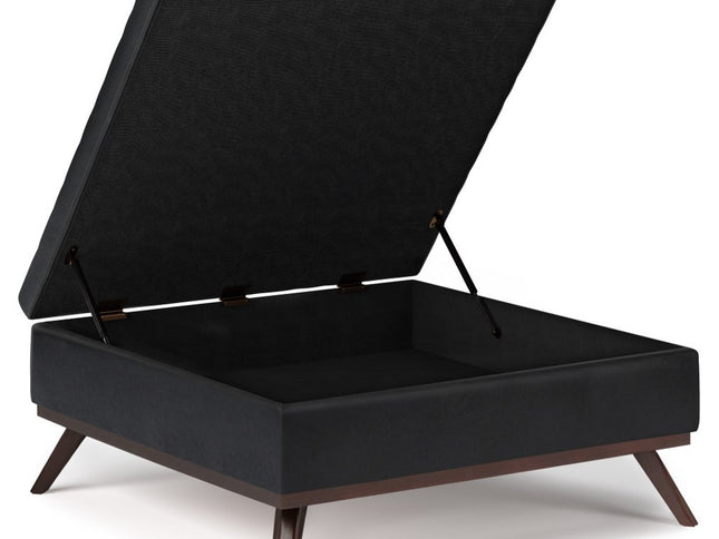 36" Black and Brown Leather Cocktail Ottoman With Storage