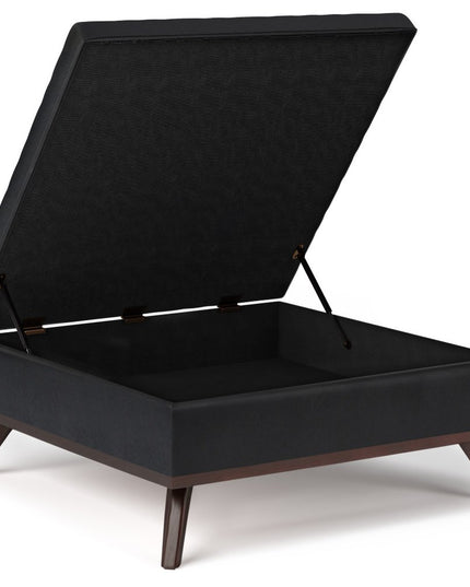 36" Black and Brown Leather Cocktail Ottoman With Storage