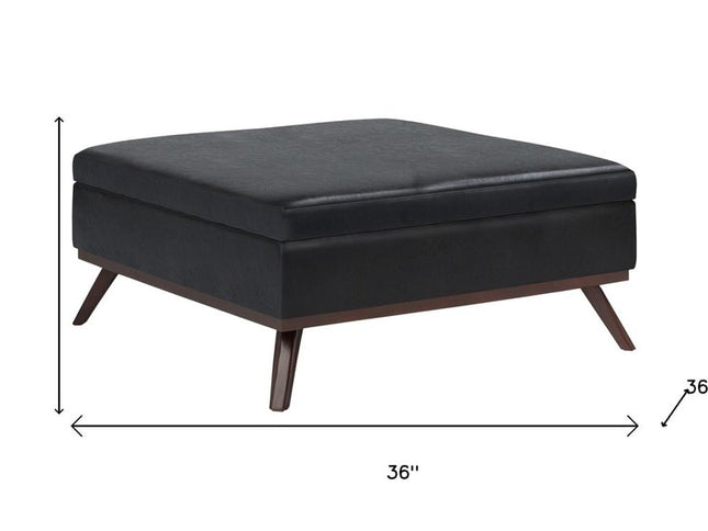 36" Black and Brown Leather Cocktail Ottoman With Storage