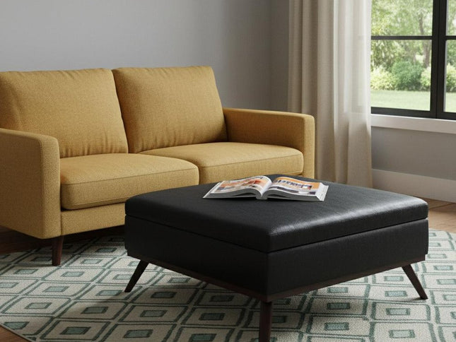 36" Black and Brown Leather Cocktail Ottoman With Storage