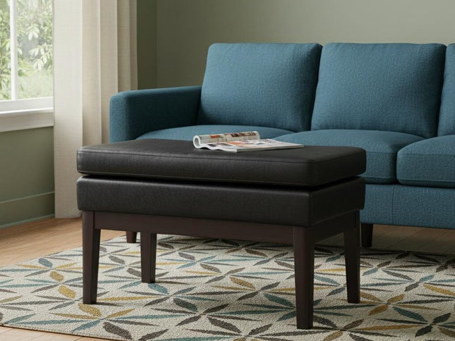 26" Black and Walnut Leather Ottoman