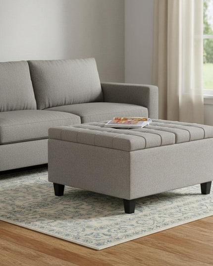 30" Gray and Brown Fabric Cocktail Ottoman With Storage