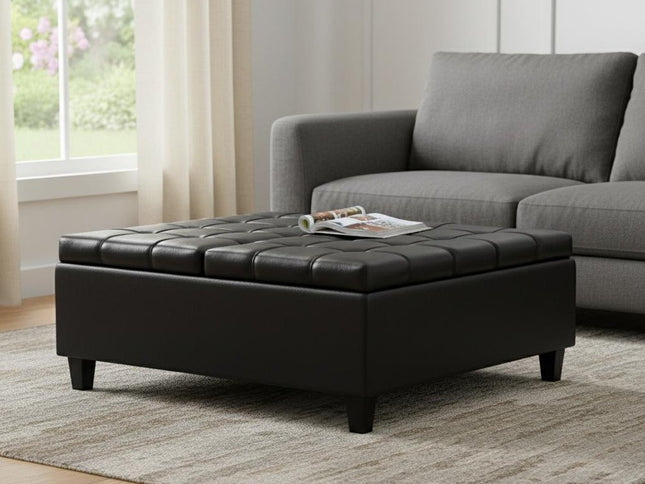 40" Black Leather Cocktail Ottoman With Storage