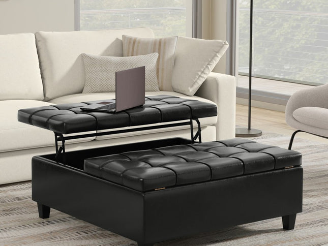 40" Black Leather Cocktail Ottoman With Storage