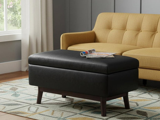 36" Black and Brown Leather Cocktail Ottoman With Storage