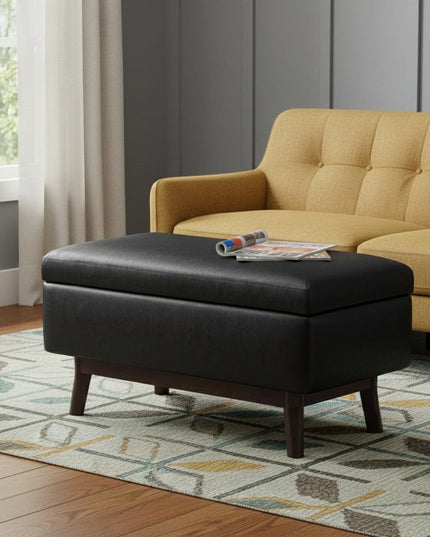 36" Black and Brown Leather Cocktail Ottoman With Storage