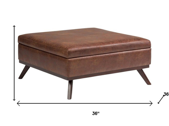 36" Brown Leather Cocktail Ottoman With Storage