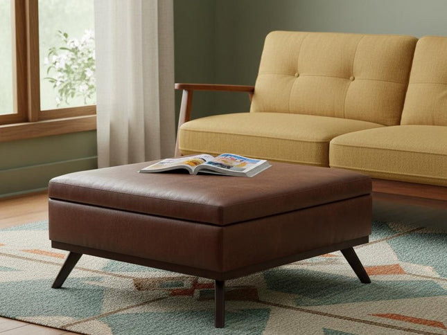 36" Brown Leather Cocktail Ottoman With Storage