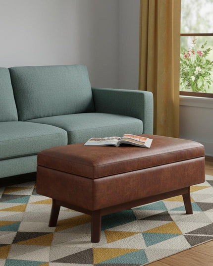 36" Brown Leather Cocktail Ottoman With Storage