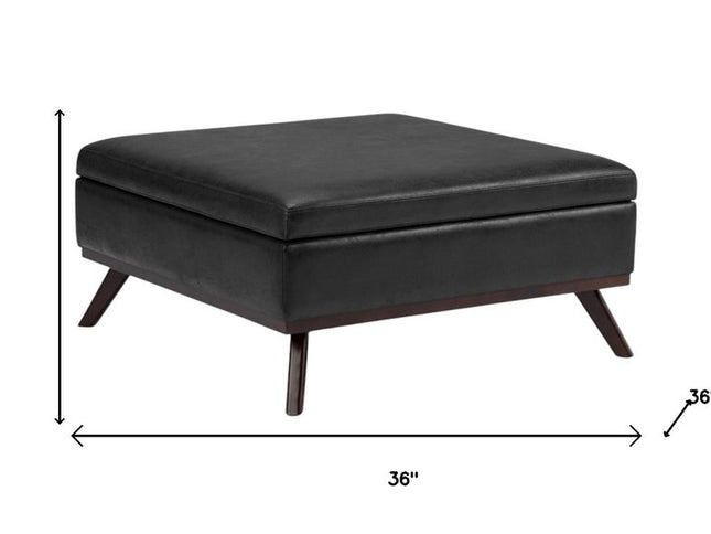 36" Black and Brown Leather Cocktail Ottoman With Storage
