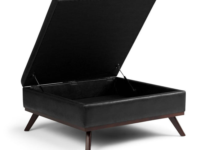 36" Black and Brown Leather Cocktail Ottoman With Storage