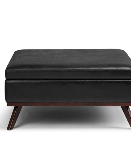 36" Black and Brown Leather Cocktail Ottoman With Storage