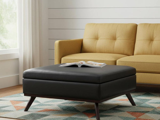 36" Black and Brown Leather Cocktail Ottoman With Storage
