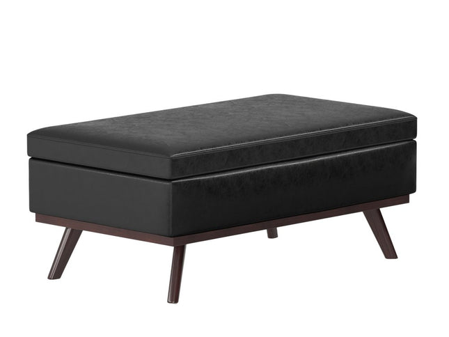 42" Black and Brown Leather Cocktail Ottoman With Storage