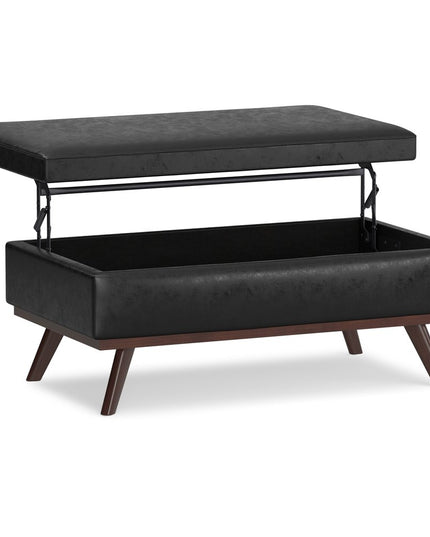 42" Black and Brown Leather Cocktail Ottoman With Storage