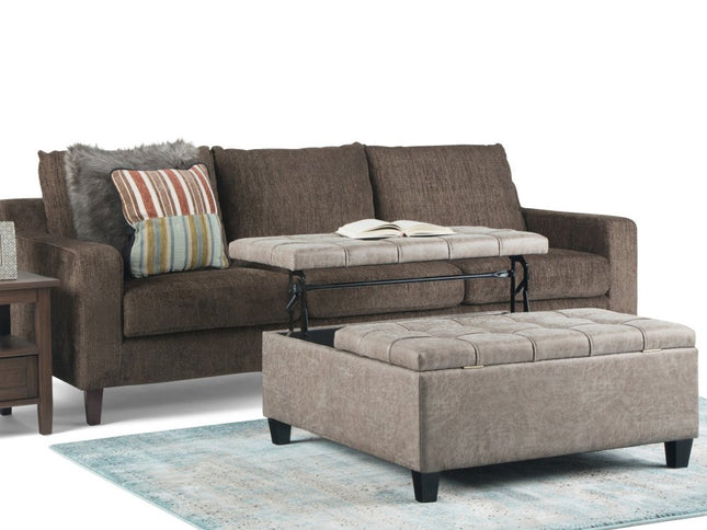 36" Gray and Espresso Leather Cocktail Ottoman With Storage