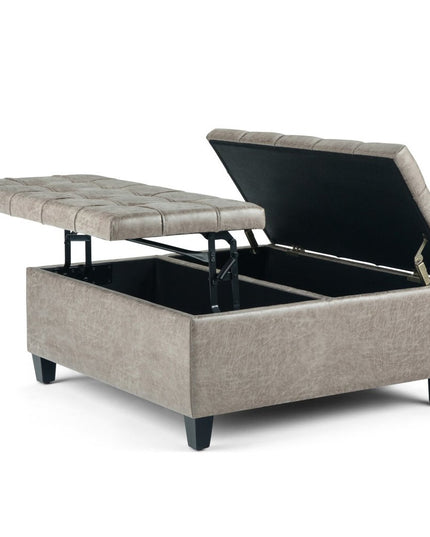 36" Gray and Espresso Leather Cocktail Ottoman With Storage