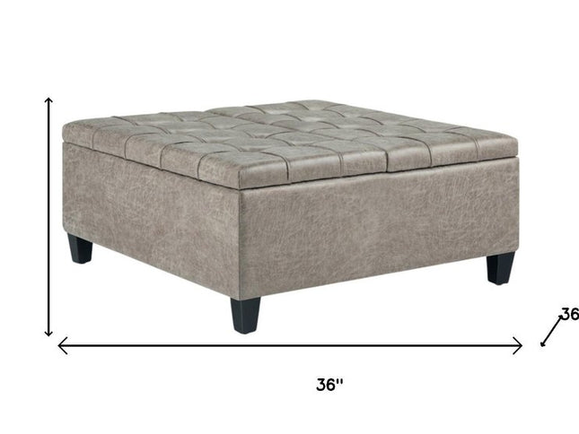 36" Gray and Espresso Leather Cocktail Ottoman With Storage