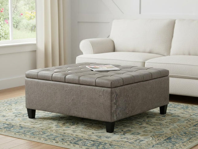 36" Gray and Espresso Leather Cocktail Ottoman With Storage