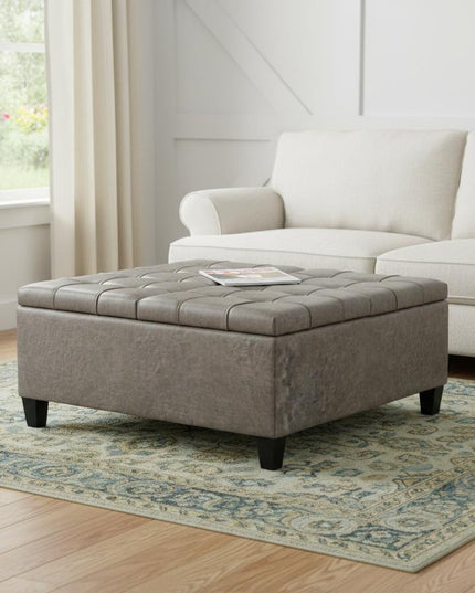 36" Gray and Espresso Leather Cocktail Ottoman With Storage