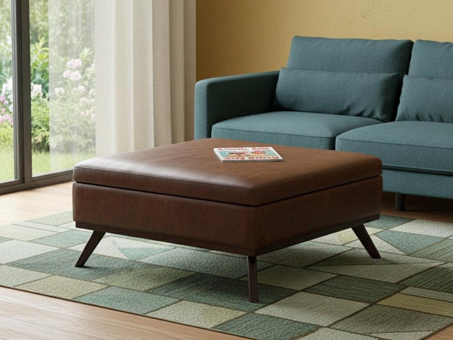 36" Brown Leather Cocktail Ottoman With Storage
