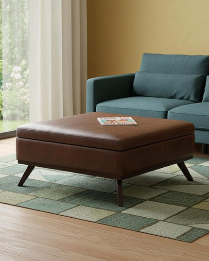 36" Brown Leather Cocktail Ottoman With Storage