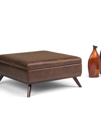 36" Brown Leather Cocktail Ottoman With Storage